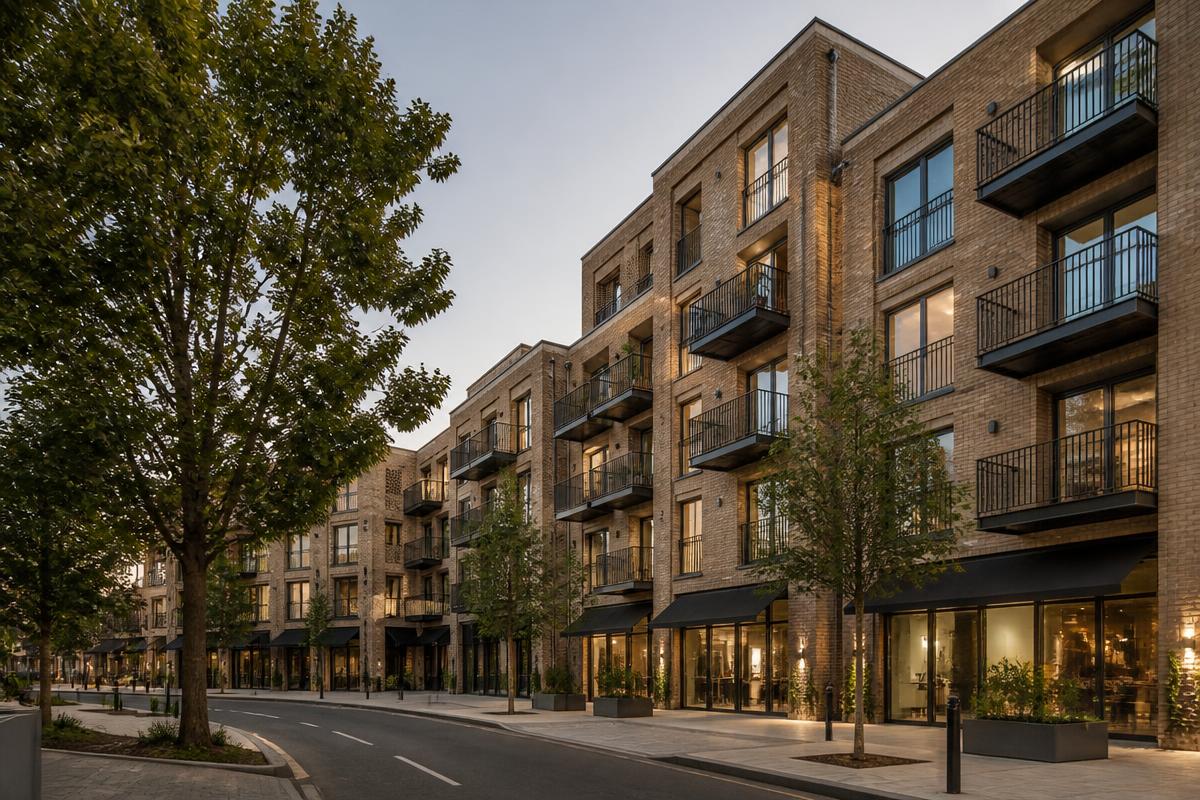 Completed London development showing brick homes and ground-floor spaces