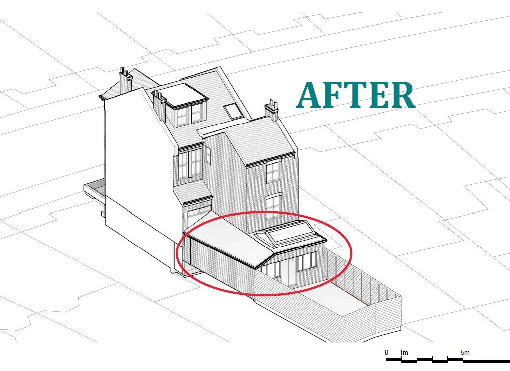 Architectural drawing displaying wrap around extension after planning permission approval